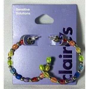 Claire's Silver-Tone and Rainbow Beads Hoop Earrings NWT